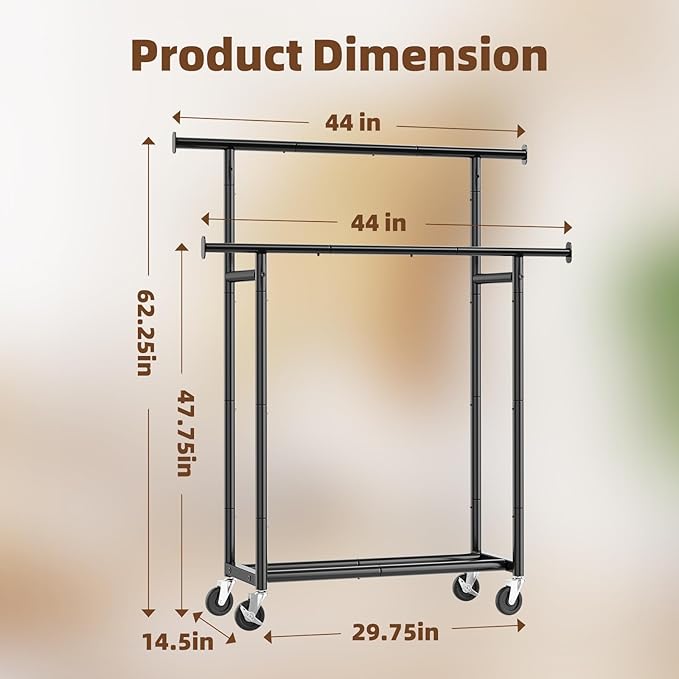 Simple Trending Clothes Rack, Double Rods Clothing Rack with Shelf, Black | Metal Garment Rack, Portable Wardrobe Closet, 360° Lockable Wheels, Multifunctional Use, Bedroom, Laundry Room