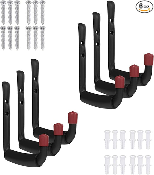 6 Pack Garage Hooks Heavy Duty, Utility Steel Hooks with EVA Foam Padding, 4.64inch Wall Mount J Organizer Hanger for Hanging Bikes Kayak Garden Tool Hose Bike Shelf