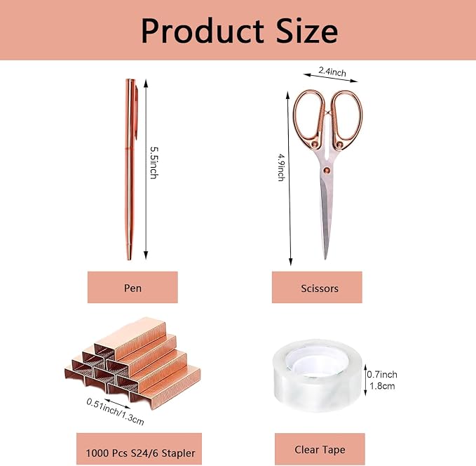 suniya Office Supplies Rose Gold Desk Accessories Set Office Supplies Kit with Stapler, Tape Dispenser, Scissors, Staple Remover, Ballpoint Pen, Clear Tape & Staples – Best Gift for Business or Boss