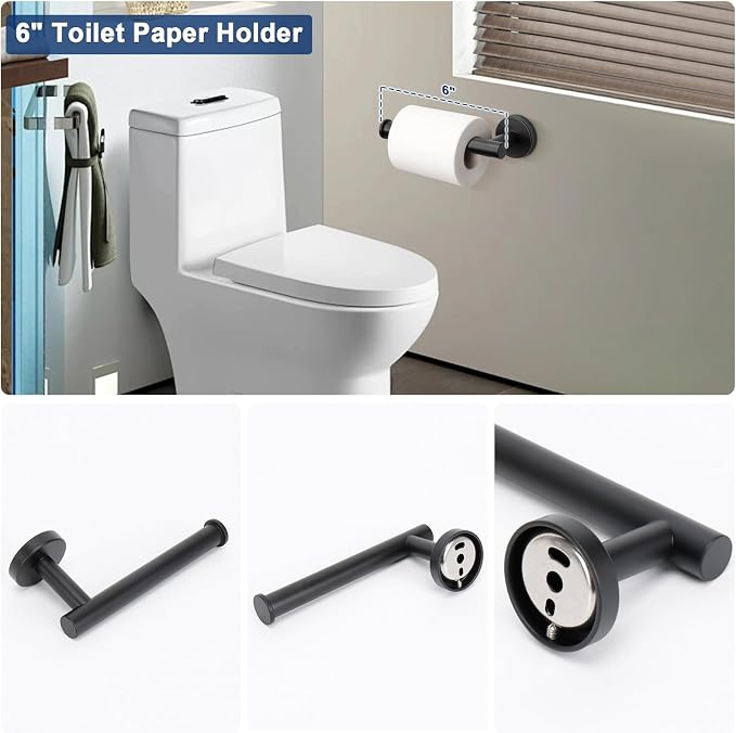 NearMoon 5 Pieces Bathroom Hardware Set SUS304 Thicken Stainless Steel-Towel Rack Kit Include 24" Towel Rod + Bath Towel Ring + Toilet Paper Holder + Robe Towel Hooks Bath Accessories (Matte Black)