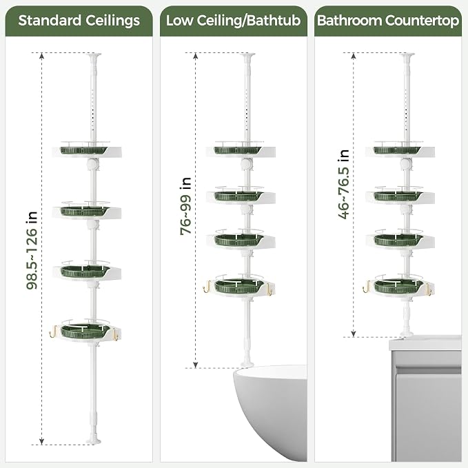 AKINBAS 360° Rotating Shower Caddy Tension Pole with 4-Tier Rustproof Lazy Susan 35-128 Inch No Drilling Coner Shelves Adjustable Shower Rack for Bathroom Bathtub Washbasin Plant Storage (White+Green)