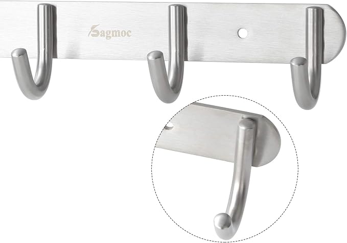 Towel Hook Rack Brushed Nickel - Sagmoc 11-Inch Coat Hook Rail Wall Mounted with 4 Hooks, Durable Wall Hangers for Bedroom, Bathroom, Foyer, Hallway (304 Stainless Steel)