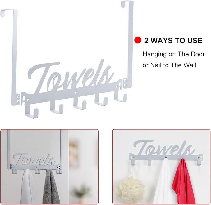 Azmoncy 2 Pack Over The Door Hooks, Towel Rack for Bathroom Towel Holder for Hanging Heavy Duty,Over Door Hanger with 10 Coat Hooks for Bedroom Bathroom Kitchen, Silver