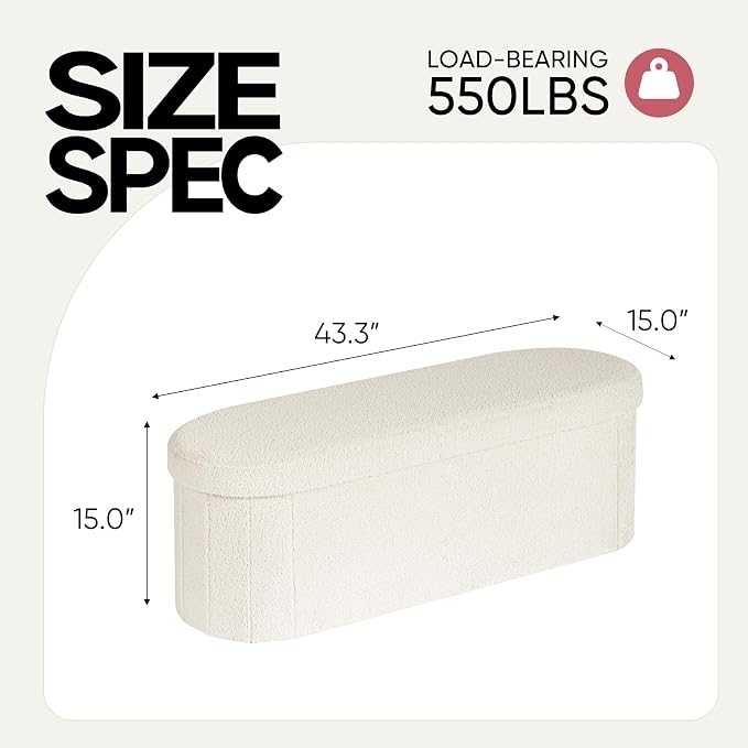 43 Inches Oval Ottoman with Storage, Boucle Sherpa Storage Ottoman Bench, Folding Foot Rest Chest for Bedroom Living Room