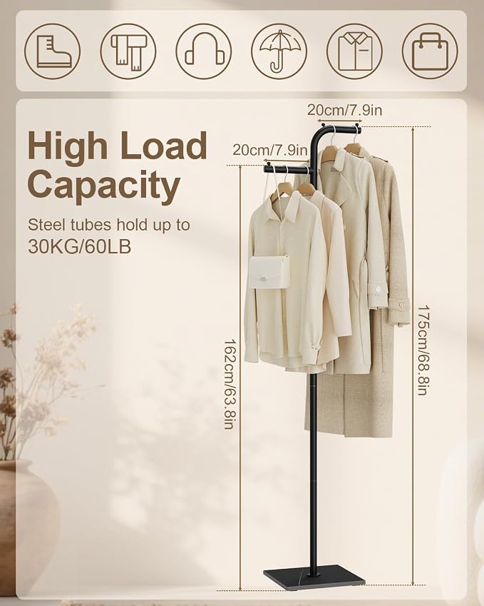 Coat Rack Freestanding, Small Clothes Rack, Black, 68.9 In High | Modern Clothing Rail with Rock Slab Base, Heavy-duty Metal Coat Tree for Boutiques, Hallway, Entryway, Living Room