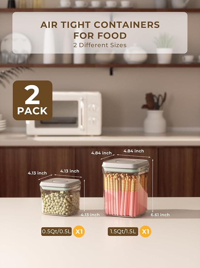 Pop Top Food Storage Containers, 0.5 Qt & 1.5 Qt Airtight Jars | Clear Stackable Kitchen Jars for Oats, Coffee, Sugar, Nuts and Snacks, Designed for Breakfast Stations and Small Cabinets