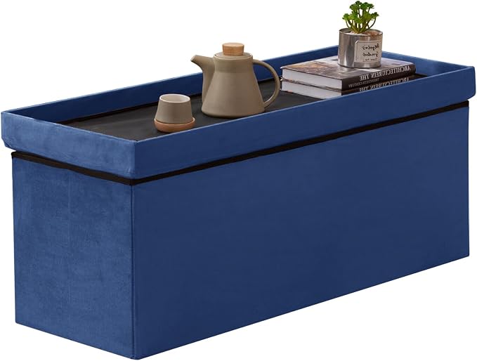 BRIAN & DANY 43 Inches Folding Storage Ottoman Bench, Velvet Ottoman with Storage for Living Room, Bedroom, Entryway, Ottoman Foot Rest, End of Bed Bench (Blue)