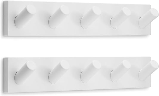 LARHN Wall Mounted Coat Rack, White with 5 Heavy-Duty 1" Diameter Hooks | (2-Pack), 16.5" - Wall Hook Rack - Modern Scandinavian Home Decor
