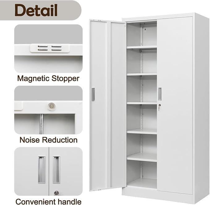 CJF 71" H Metal Storage Cabinet, Locking Cabinet with 2 Doors and 5 Adjustable Shelves, White Tall Cabinet for Garage, Home, Office, Pantry, Workshop, School