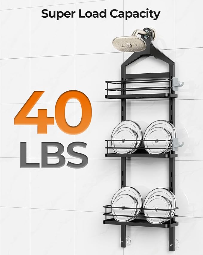 ODesign 3 Tier Adjustable Shower Caddy Hanging Over Head Anti-Swing Black | Shower organizer hanging,no drilling required,comes with removable hook and storage box, suitable for indoor showers
