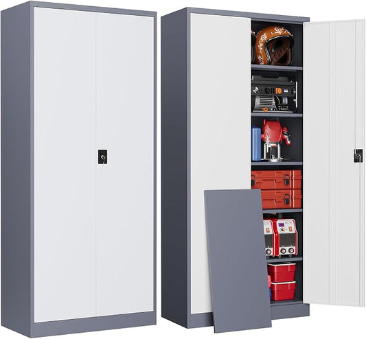Metal Garage Storage Cabinets with Lock, 71" Tall Tool Cabinet with 2 Door and 5 Adjustable Shelves, Locking Garage Cabinets and Lockable Steel Locker for Home Office Warehouse-(Gray White-71”H)