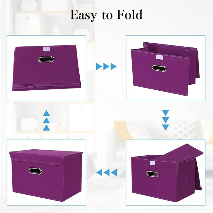 STOREONE Fabric Storage Cube Bins Foldable Organizer Container Collapsible Basket with Lids and Metal Handles, for Home, Bedroom, Closet 3 Pcs (Purple)
