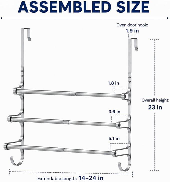 CANYAVE Over The Door Towel Rack, Over Door Towel Rack for Bathroom Door, Triple Towel Storage Holder with Hooks (Silver)