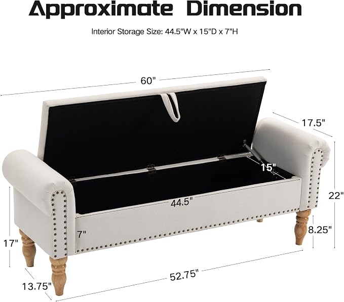 60" Storage Bench for Bedroom,End of Bed Bench with Storage | Linen King Size Bench with Rolled Arms,Storage Ottoman Benches for Living Room,Entryway,Benches for Foot of Bed,Beige