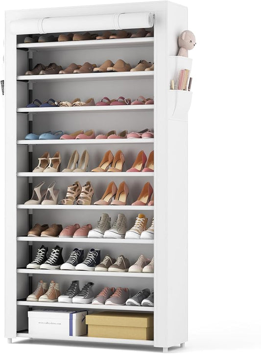 ROJASOP Shoe Rack with Covers 10 Tier Large Shoe Organizer Tall Shoe Closet Storage for 50-55 Pairs Shoe and Boot, Free Standing Shoe Rack Organizer for Closet, Entryway, Bedroom, White