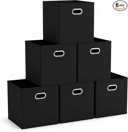 Household Essentials Foldable Fabric Storage Bins 6 Piece Set, Strong Poly-Woven Fabric, Sturdy Chipboard Sides, Grommet Front Handle, Stackable, Classic Design, Black