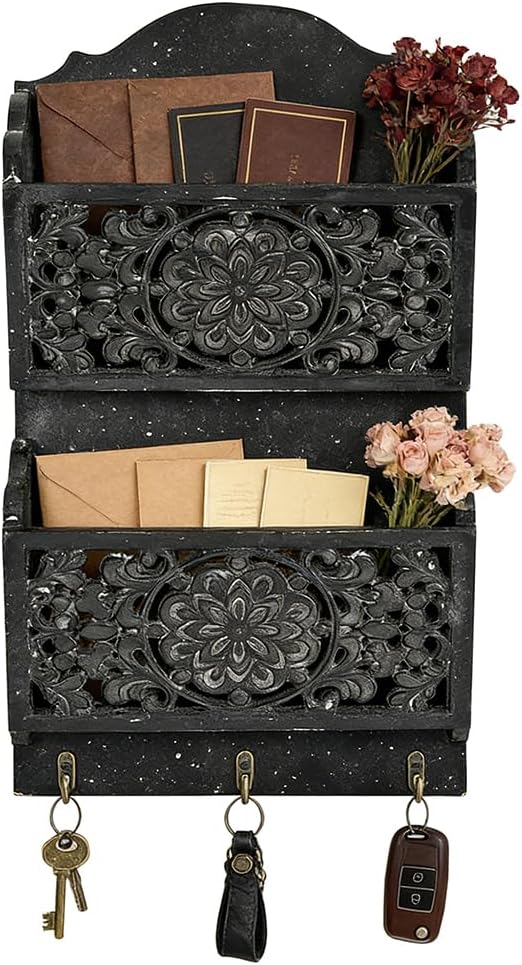 Rustic Key and Mail Holder for Wall Home Decorative,2-Slot Mail Organizer Wall Mount with 3 Hooks, Wooden Key Hangers Wall File Organizer Letter Sorter for Letter Magazines（Black）