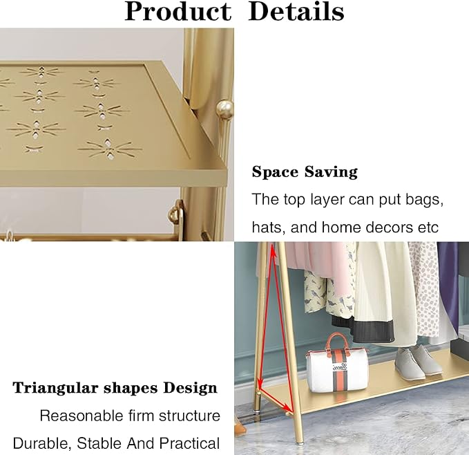 Clothes rack Gold, Freestanding Industrial Garment Rack with Double shelves Multi-functional Bedroom Hanging Clothing Rack,Heavy Duty Coat Rack Organizer for Bedroom Shoes 1 pack (39'' L)