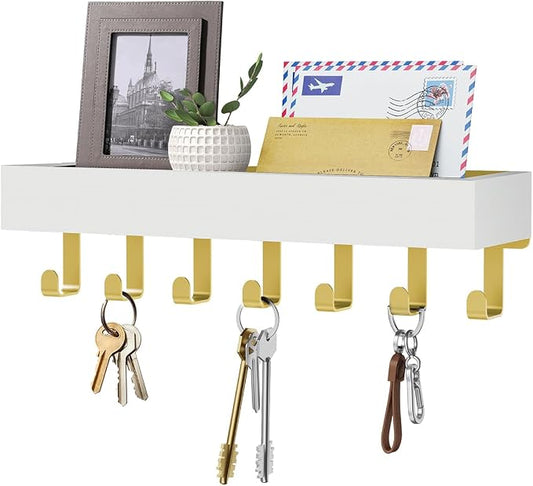 Key Holder Wall Mount Magnetic Adhesive - Key Hooks Rack with shelf | Key Hanger with Mail Organizer for RV Camper Fridge Living Room Decor, Home Essentials, Large Gold White