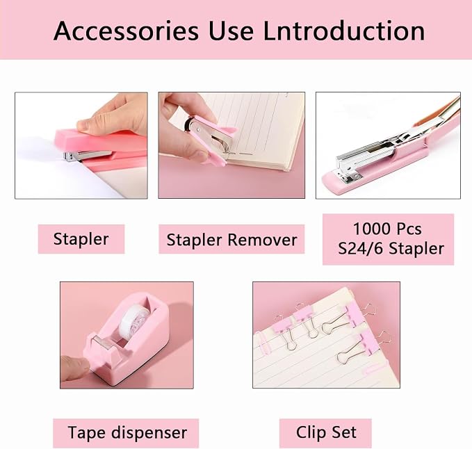 Office Supplies,Pink Desk Accessories,Office Supplies Set,Stapler and Tape Dispenser Set,Scissors,Staple Remover,Binder Clips,Staples,Ballpoint Pen,Index Tabs with Ruler,Clear Tape.9pcs for Office