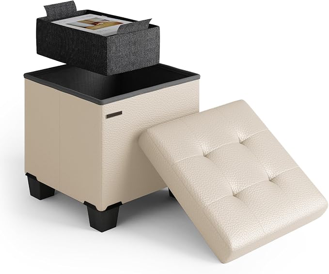 Storage Ottoman Cube with Small Bin, 15-in Square Ottoman with Storage for Living Room and Bedroom, Small Ottomans Foot Rest, Leather Foot Stools Ottomans Max 330lbs, Beige