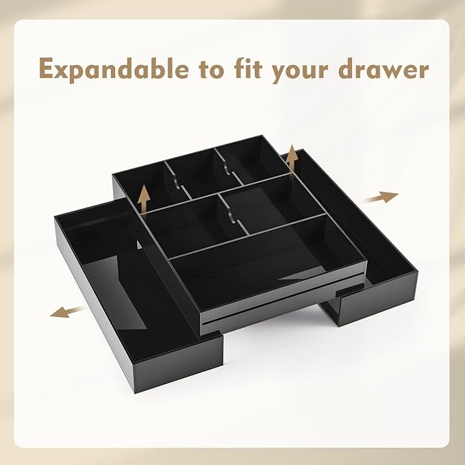 Briwooody Black Acrylic Drawer Organizer Expandable,8 Compartments,Large | 9'' up to 18'' x 12'' x 2.1'' Desk Drawer Organizer Trays Adjustable with Desk Accessories for Makeup Office Bathroom