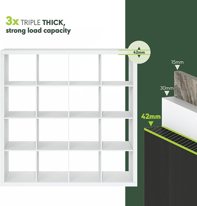 Furinno Cubicle Book Shelf, 16-Cube Bookshelf, Triple Thick Frame Cube Storage Organizer, 1.65" Bookcase, 15.4 x 57.4 x 56.9, for Home Office, Living Room, Plain White
