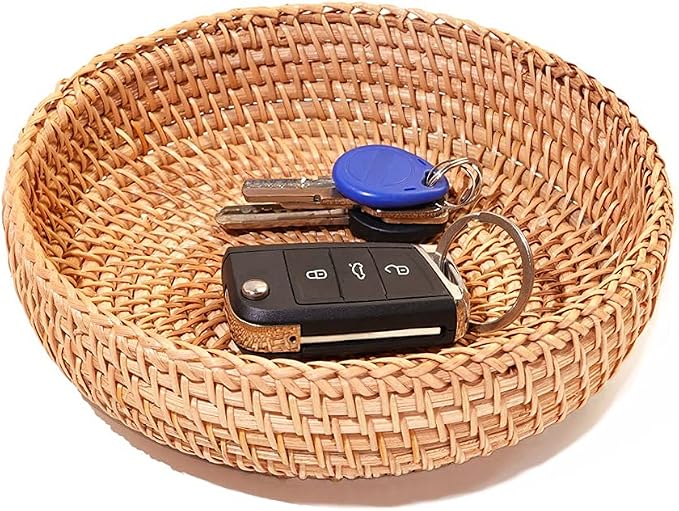 Small Round Keys Basket for Entryway Woven Baskets for Organizing Tabletop Decorative Wicker Organizer Basket for Keys Wallet Cell Phone for Fruit Candy Cracker | Basket for Keys Wallet Cell Phone, Small Item Organizer, Tabletop Decoration