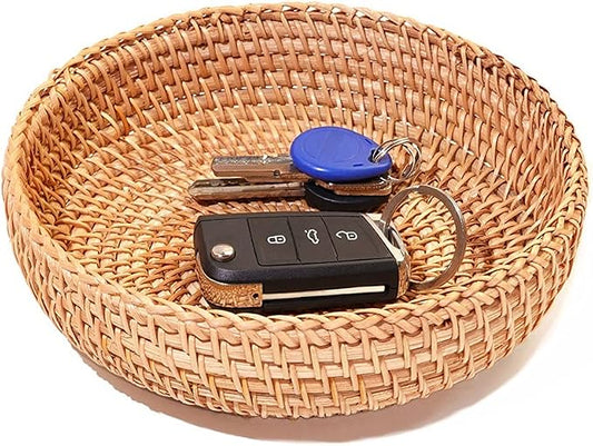 Small Round Keys Basket for Entryway Woven Baskets for Organizing Tabletop Decorative Wicker Organizer Basket for Keys Wallet Cell Phone for Fruit Candy Cracker | Basket for Keys Wallet Cell Phone, Small Item Organizer, Tabletop Decoration