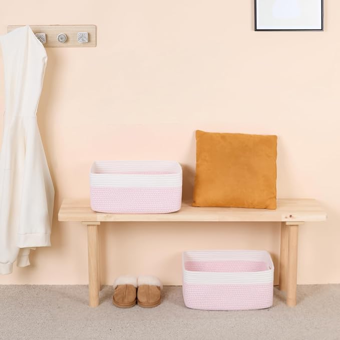 MiniArk Large Storage Baskets for Shelves, 17 x 13 x 7.5” Closet Organizers Bins for Clothes Blanket Towels, Baby Nursery, Toy Baskets Box, Woven Rope Baskets, 3 Packs Woven Pink