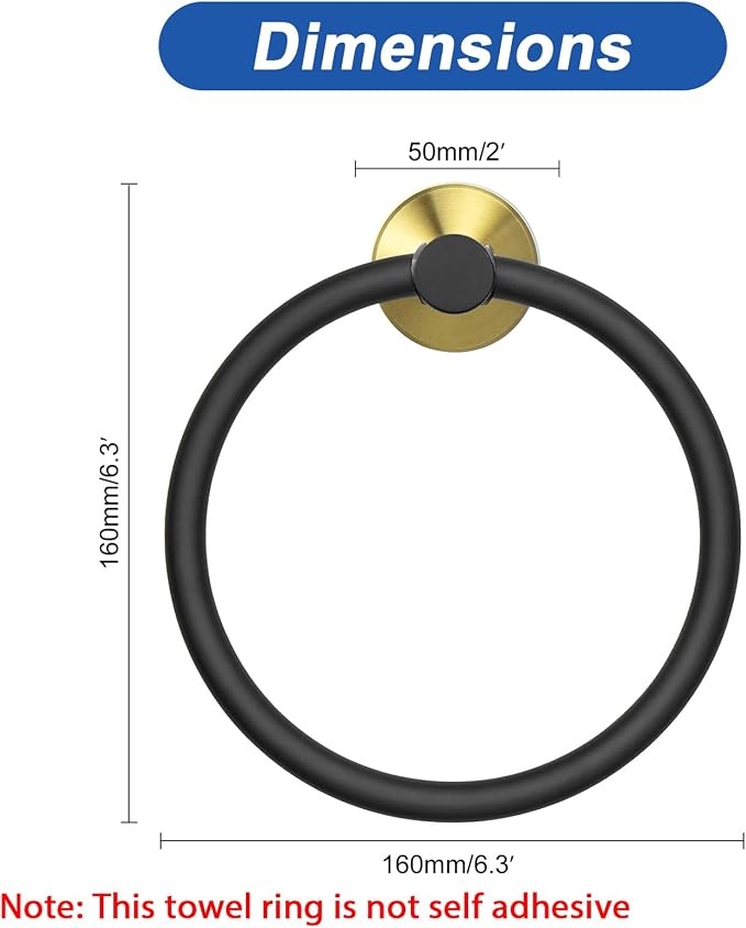 NearMoon Bath Towel Ring, Bathroom Hardware Accessories-Thicken Stainless Steel Hand Towel Holder for Bathroom, Modern Round Towel Hanger Wall Mounted (Black and Gold, 1 Pack)