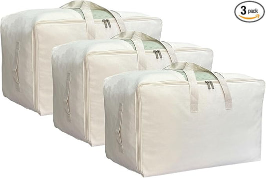 DoYiKe Soft Large Canvas Comforter Storage Bags with Four Carrying Handles and Clear Window, Closet Organizer for Clothing, Blankets Sheets Pillows and Bedding, 80L, 3 Pack, Beige