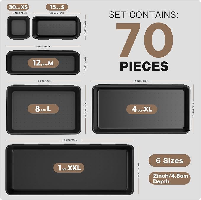 A-LUGEI【70】【6 Size】Tool Box Organizer Tray Divider Set, 【Black】 Desk Drawer Organizer, Garage Organization and Storage Toolbox Accessories Rolling Tool Chest Cart Cabinet WorkBench Small Part
