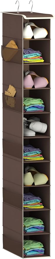 Libeder 10-Shelf Hanging Closet Shoe Organizers with Side Pockets, Coffee | Hanging Closet Organizer with Side Pockets for Wardrode,Dorm, Folding Shoe Racks, Space Saving Hanging Shelves with Hooks