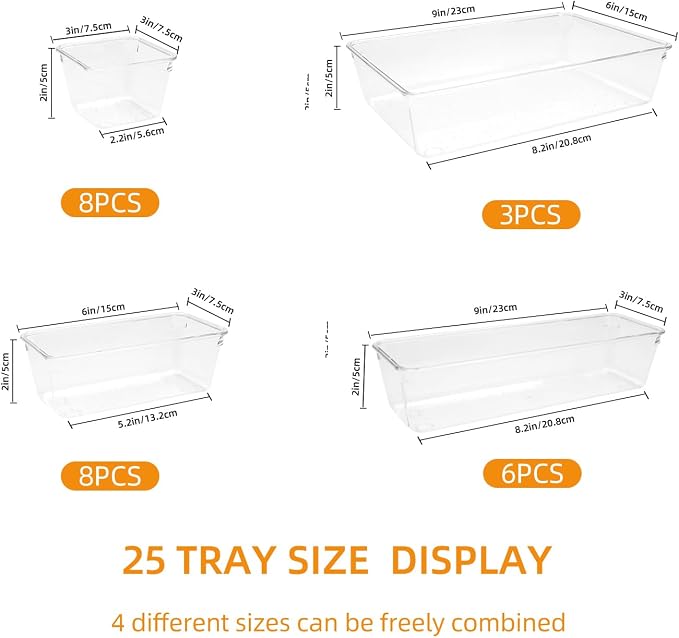 Clear Acrylic Drawer Organizers Set Storage for Makeup, Office Desk Small Vanity Trays for Drawer Bathroom Plastic Make up Organizers 25 Pcs