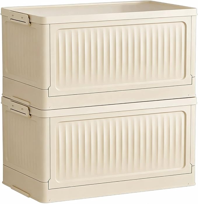 Foldable Storage Bins with Lids, 2‑Pack Beige – Collapsible Storage Box Organizer for Closet, Clothes, Toys, Books, Documents