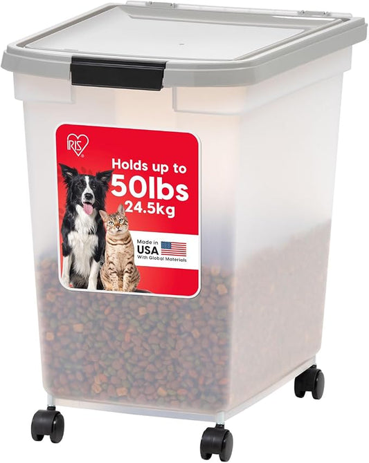 IRIS USA Dog Food Storage Container, Up to 50 lbs, Clear/Gray, Made in USA | Wheels for Mobility, Airtight Seal, BPA-Free, Best for Bird Seed, Cat food, Cat Litter, Chicken Feed, Pellets