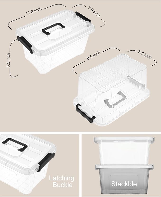 NUMIFUN 7Qt Clear Plastic Storage Bins with Lids,Transparent Design,6 Pack | Stackable organizing totes with buckle latches & handles.Dust-proof clear design for home,office & pantry space saving