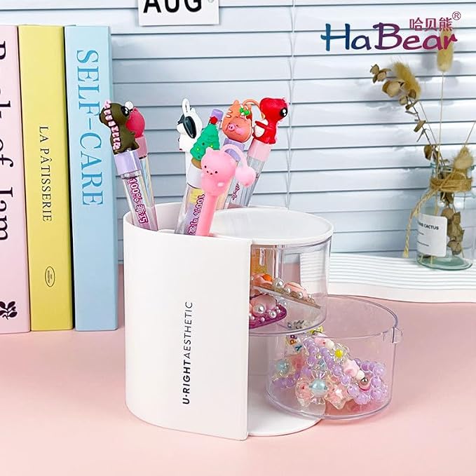 Azurphoric Hair Accessories Organizer with Hair Brush Holder(White,2-Layer) | Rotatable Makeup Brush Holder for Necklaces, Earring, Bracelet, Ring, Makeup Brushes, Hair Clip and Hair Accessories