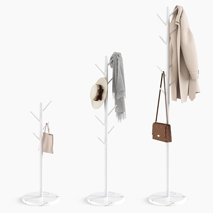 HzTinT Coat Rack with Natural Marble Base, 3 Adjustable Height Coat Tree | with 8 Metal Hooks, Holds Coats, Bags & Hats, For Entryway, Bedroom and Office, White