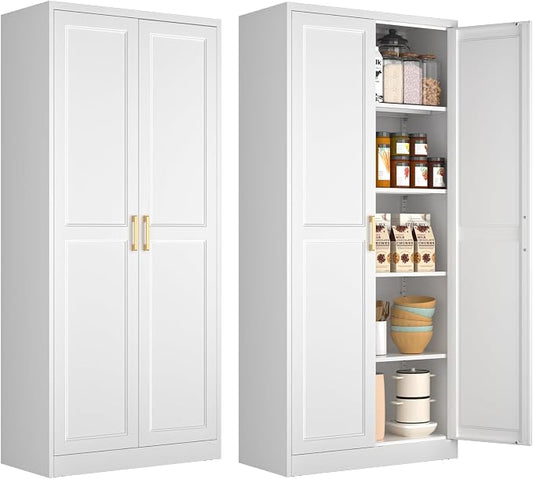 Polup White Kitchen Pantry Cabinet, 71 Inch Tall Metal Storage Cabinet with Doors and Shelves, Pantry Cabinets for Kitchen Storage, Freestanding Cupboard for Living, Dining Room, Assemble Required