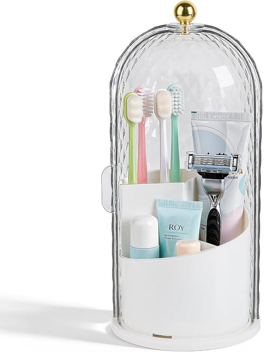 Toothbrush Holder with Cover for Bathroom Countertop, Organizer, White | Rotating 3 Slot Holder for Electric Toothbrushes, Toothpaste, Self Draining Vanity Organizer, Makeup Brush Storage