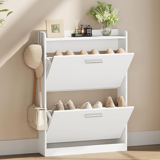 Slim Shoe Cabinet for Entryway with 2 Flip Drawers, 23.6" W White | Freestanding shoe storage cabinet for entryway,foyer and hallway,Narrow design and space-saving flip drawers
