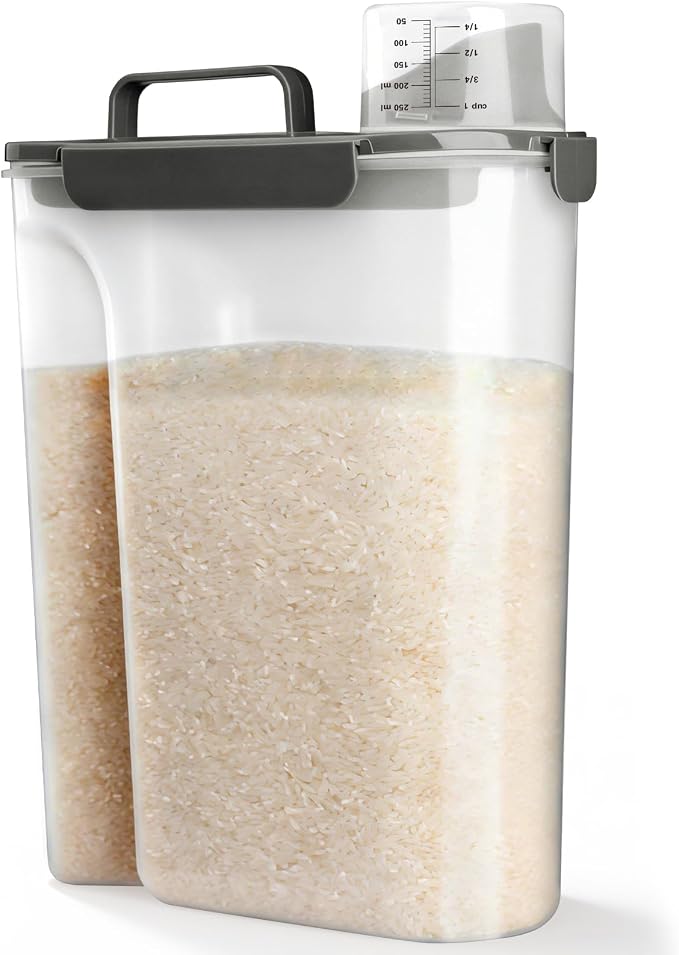 Viretec Rice Storage Container, 15 to 20lb Dry Food Airtight Dispenser, Pet Dog Cat Food Canister, BPA Free Clear Plastic Kitchen and Pantry Organization Bin for Oatmeal, Cereal, Pasta, Flour Grey