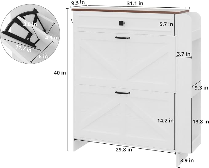 IRONCK Shoe Storage Cabinet with 2 Flip Drawers & Barn Door, White/Walnut | Freestanding Shoe Cabinet Organizer with Drawer and Shelves for Entryway, Farmhouse Shoe Rack Cabinet