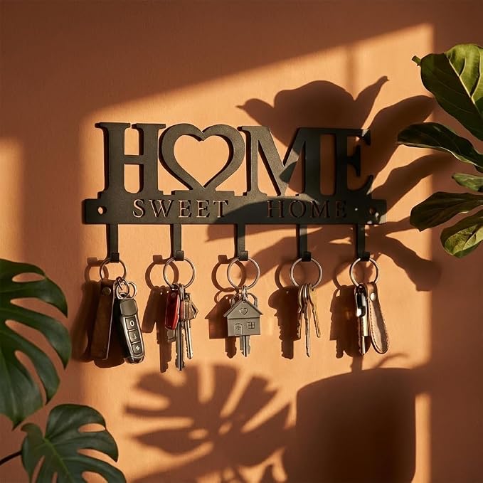 Key Holder Hooks Organizer Hanger Rack Wall Mounted Sweet Home Metal Decor Stylish and Practical for Entryway Front Door Kitchen Hallway Garage Mudroom Office Hardware Included Black (Sweet 13 inches)