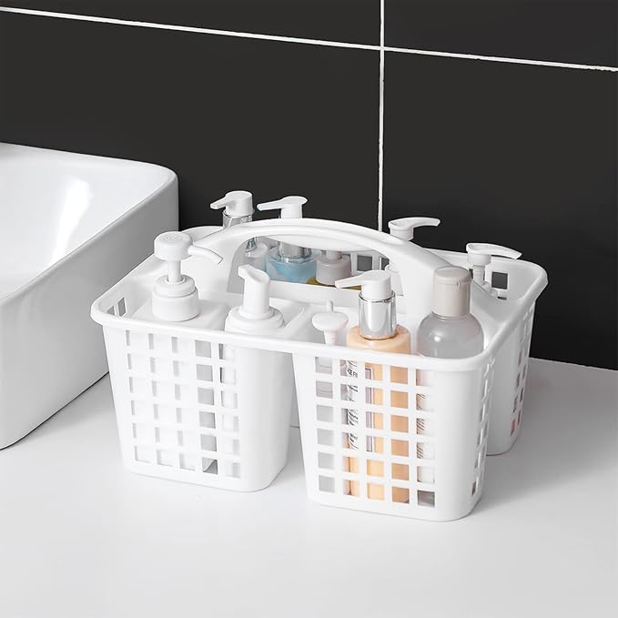 Portable Shower Caddy Basket Plastic Storage Basket with Compartments White | Sturdy Large Capacity Cleaning Supplies Organizer Divided Tool Bin for Bathroom Kitchen Bedroom College Dorm Essentials