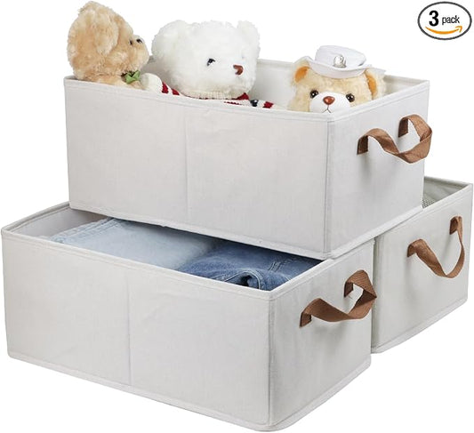 Fordonral Pack of 3 Large Capacity Storage Bins Closet Organizer System, Sturdy Foldable Boxes for Organizing Clothing, Sheets, Toys, Books - Shelf Shelves Basket Bin Linen White