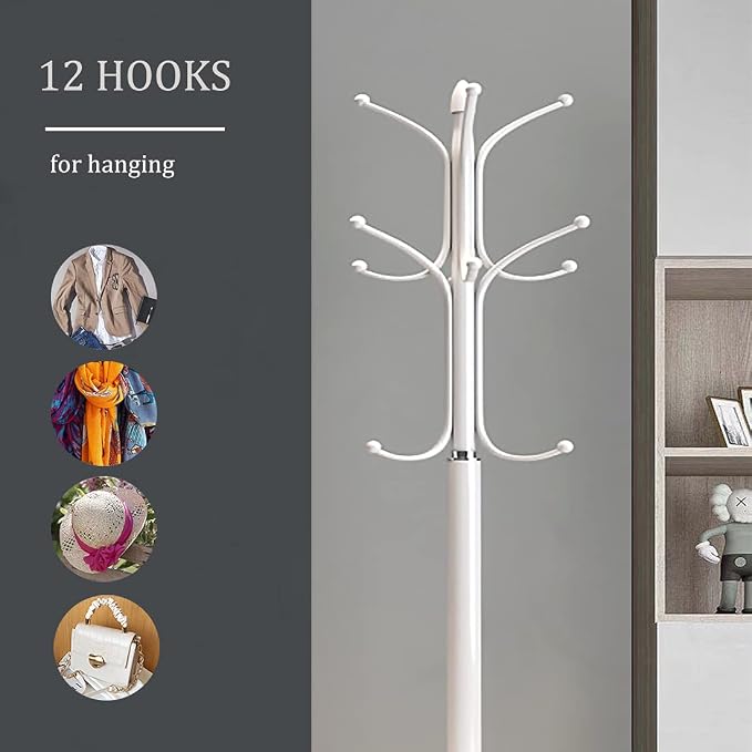 Kertnic Freestanding Coat Rack Stand, Heavy Duty Metal Hall Tree with 12 Hooks, 70 Inch Tall Stable Coat Hanger with 14.6" Natural Marble Base, Entryway Organizer for Coats Bags Hats Purses (White)