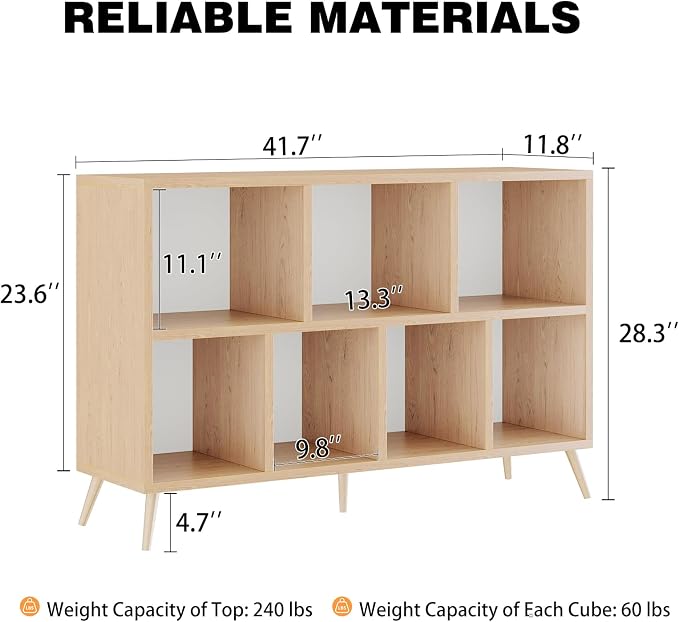 7-Cube Storage Organizer with Natural Wood Legs, Mid-Century Modern Bookcase and Display Cabinet, Freestanding Toy Storage Bookshelf for Living Room, Kids Room and Bedroom, Natural